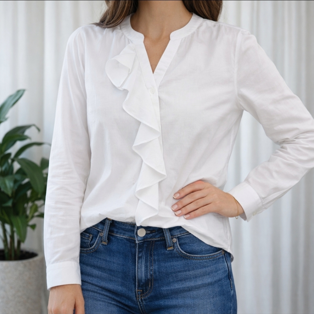 LOFT White Ruffle Blouse Button Front 100% Cotton Petite Medium Petite